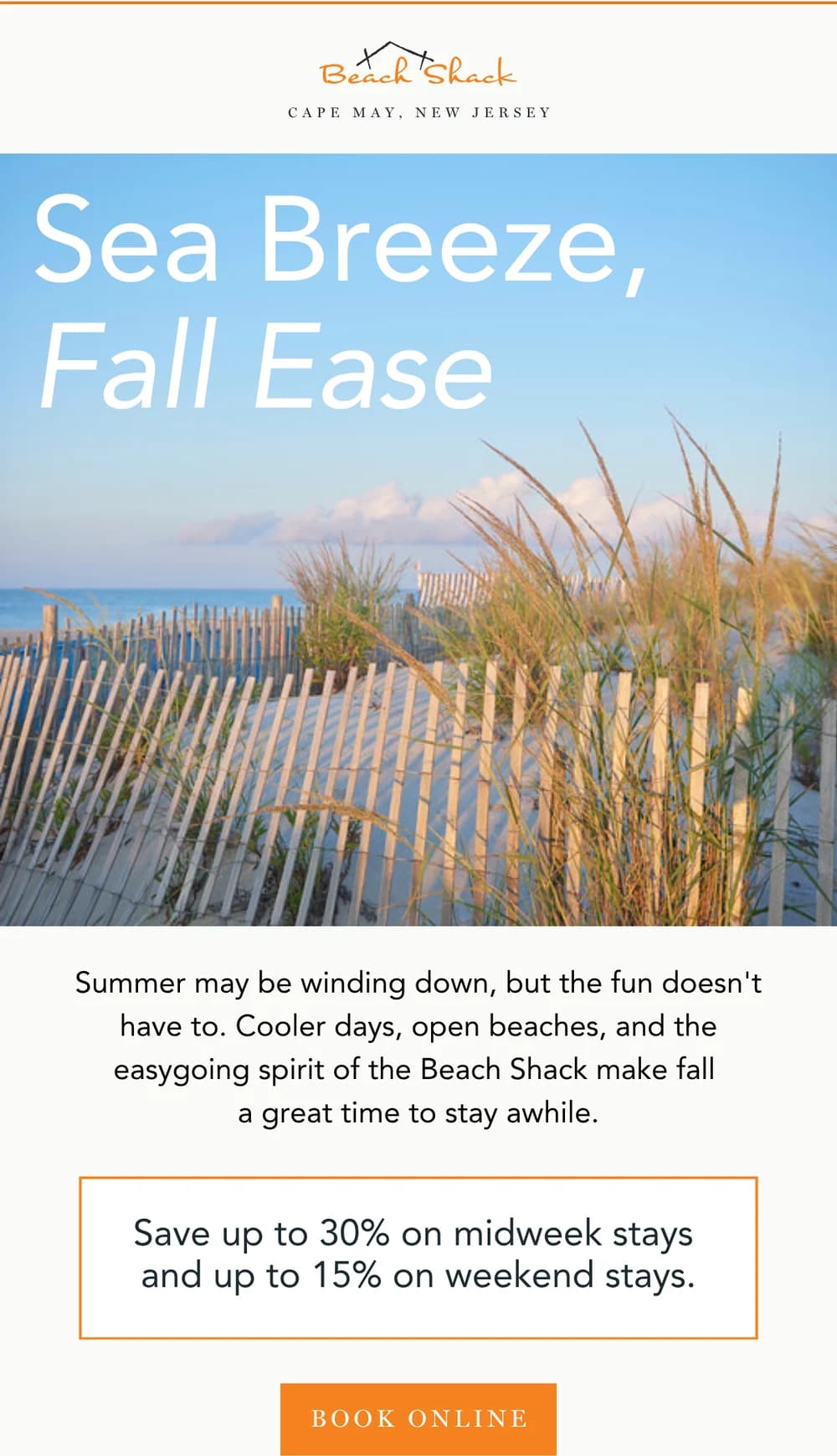 Beach Shack email design for Sea Breeze, Fall Ease.