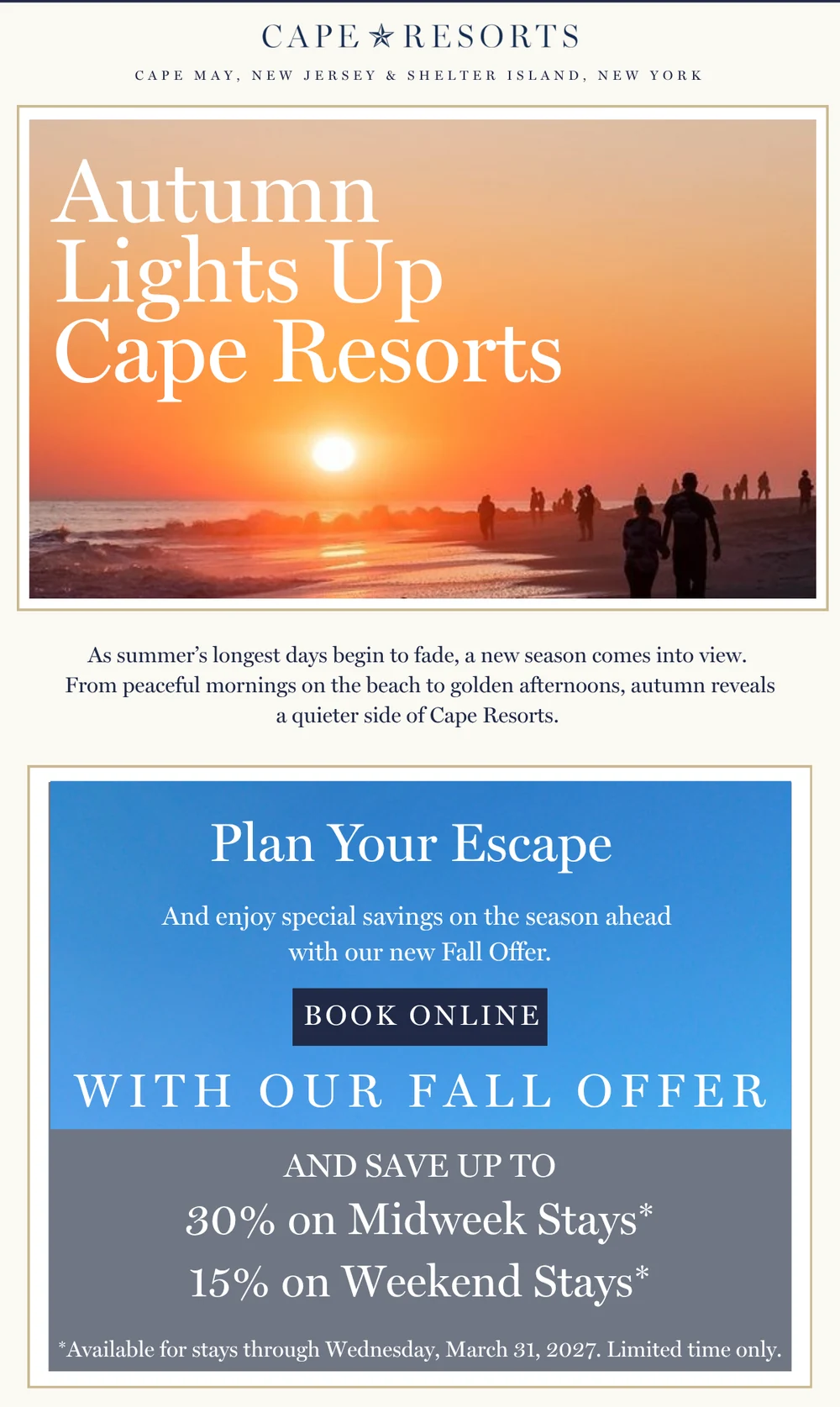 Cape Resorts email design for Autumn Light.