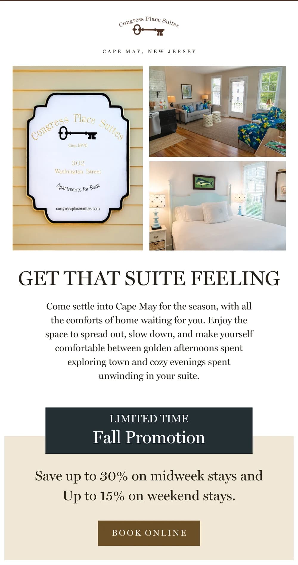 Congress Place Suites email design for Fall Sale.