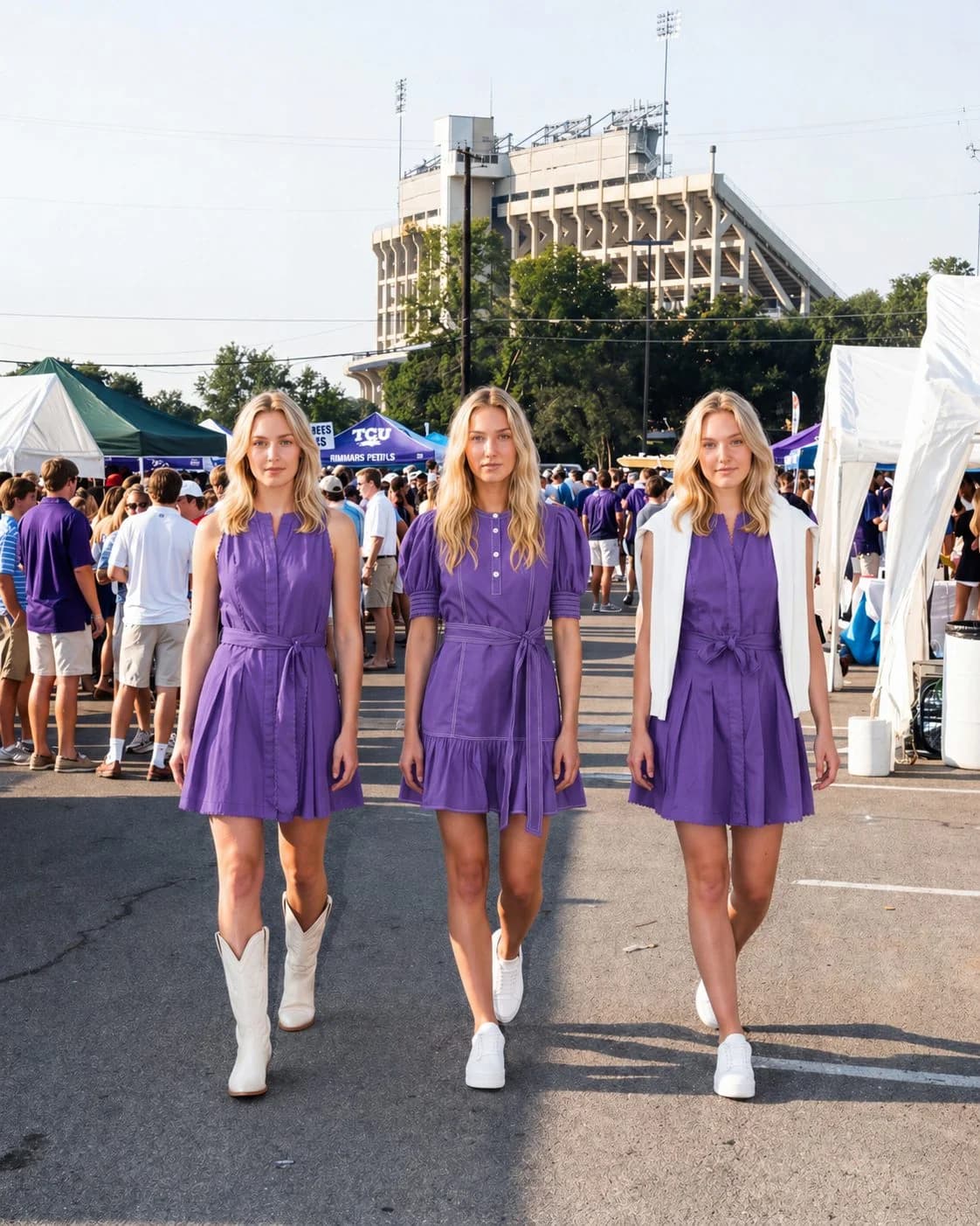 Cartolina: Purple game-day dresses outside a stadium.