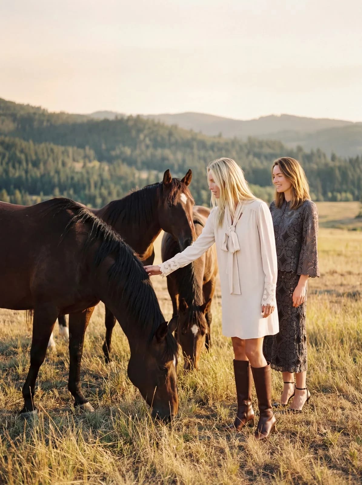 Cartolina: Three fashion looks with horses in a mountain meadow.