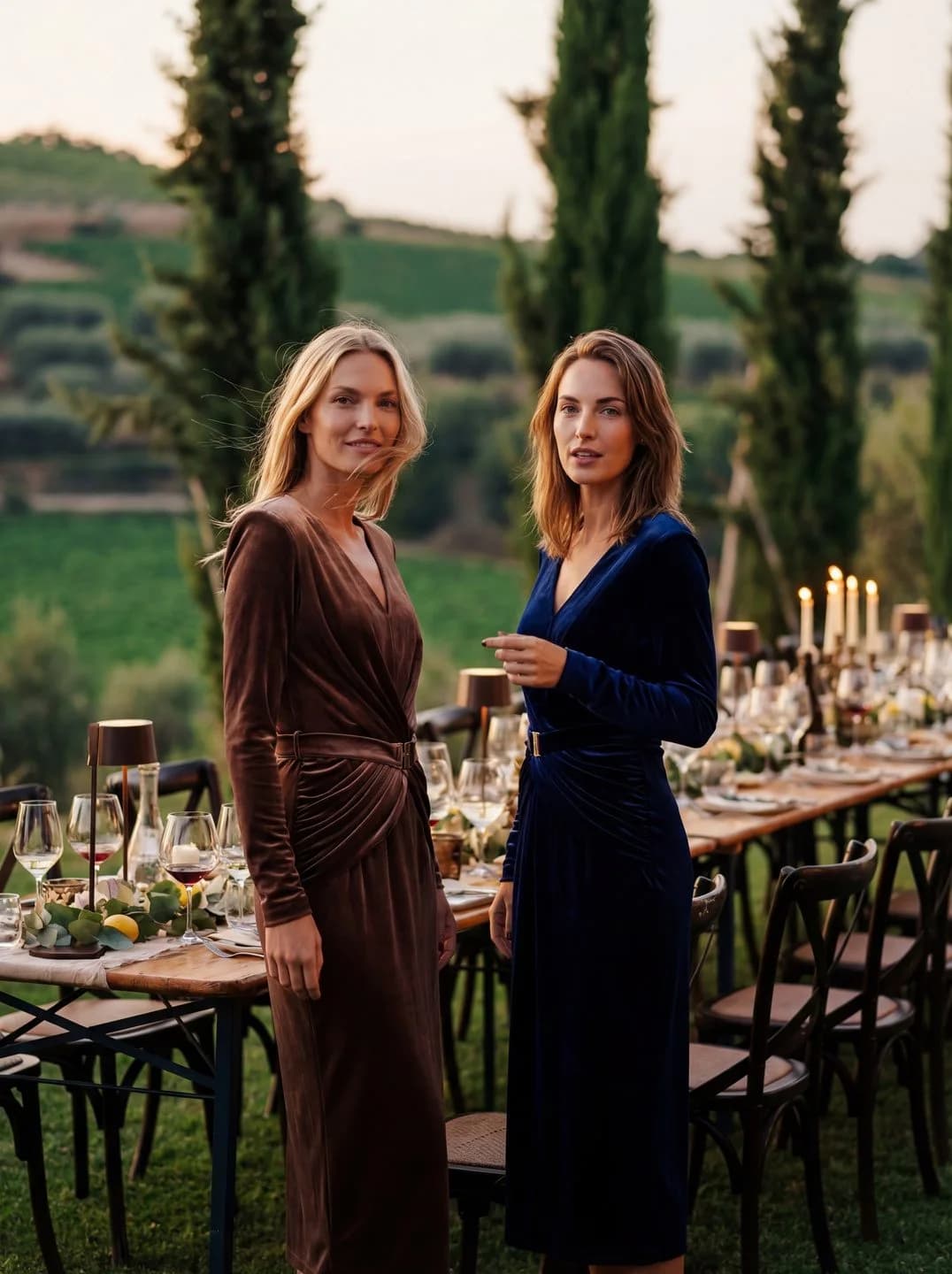 Cartolina: Two dresses beside a vineyard dinner table.