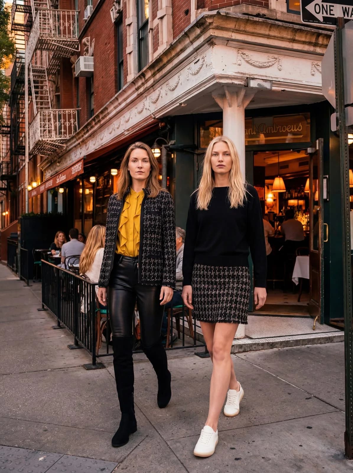 Cartolina: Two autumn dresses outside a corner restaurant.