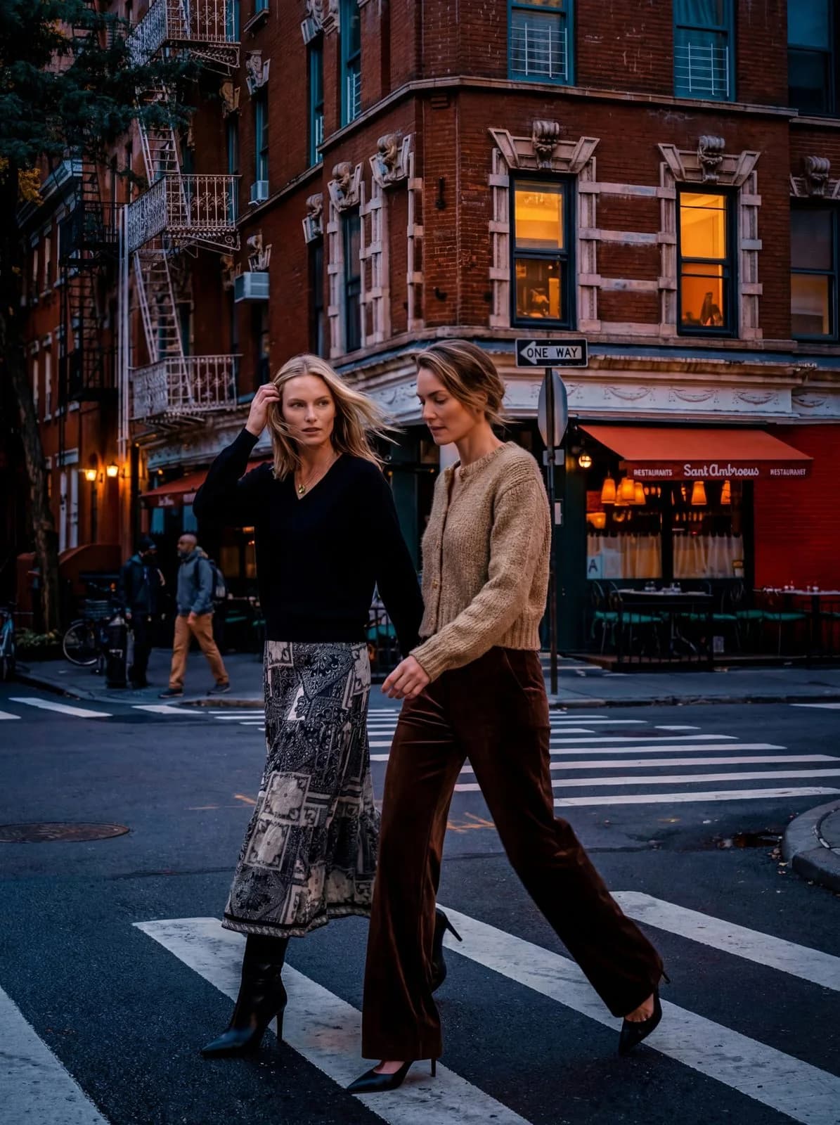 Cartolina: Two autumn looks crossing a city street.