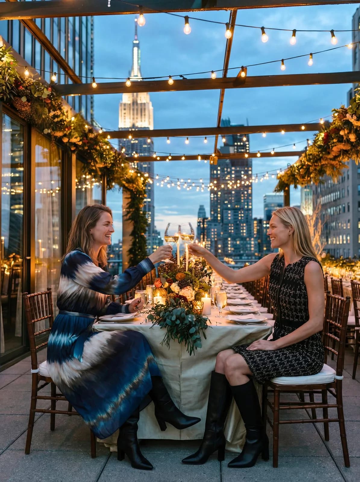 Cartolina: Two evening looks on a terrace above Manhattan.