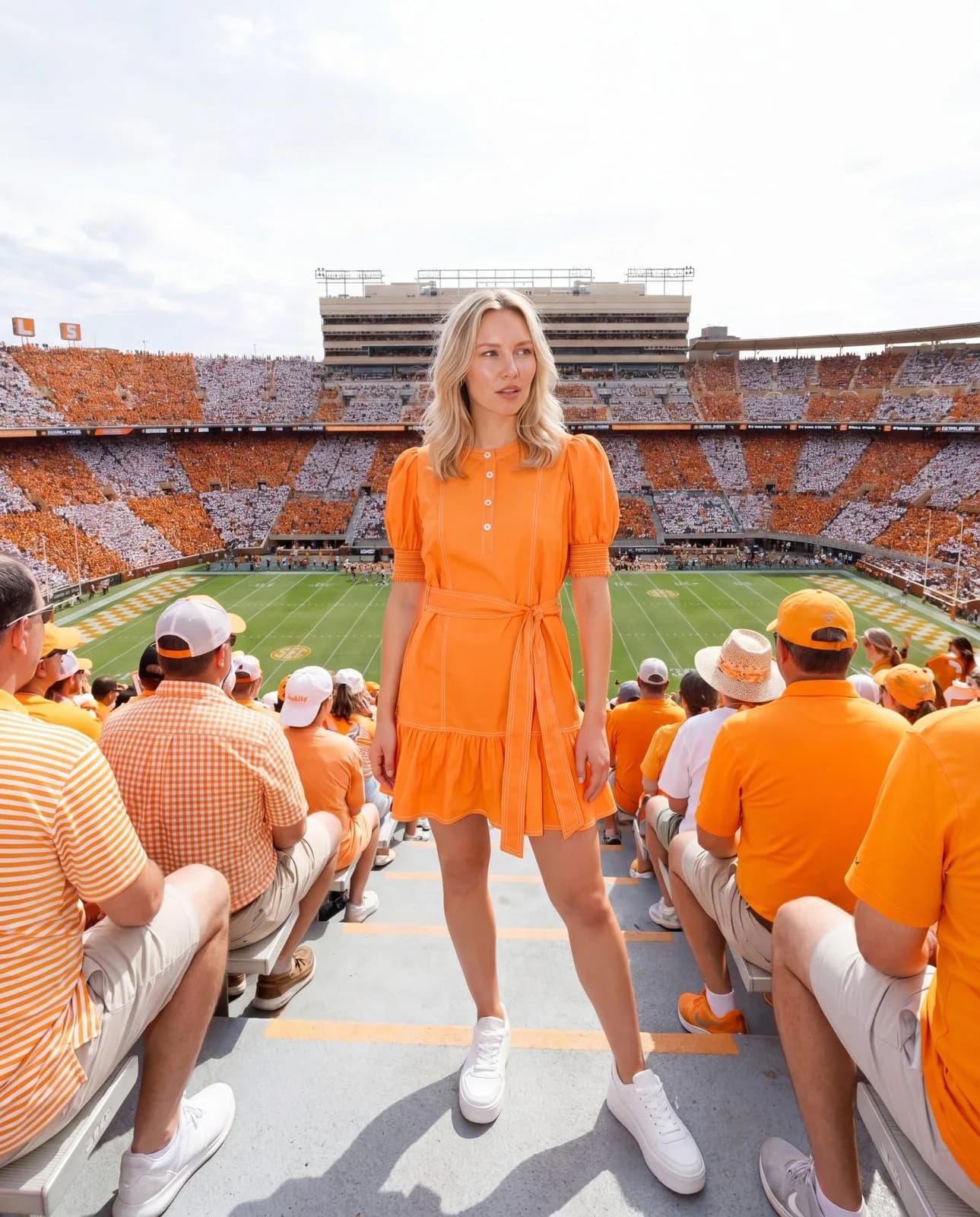 Cartolina: An orange game-day dress overlooking stadium seats.