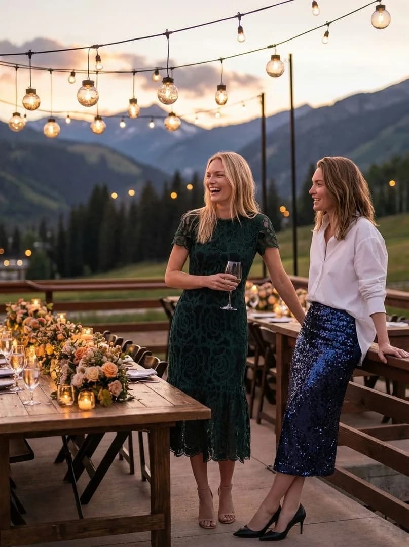 Cartolina: Two dresses beside a mountain terrace dining table.