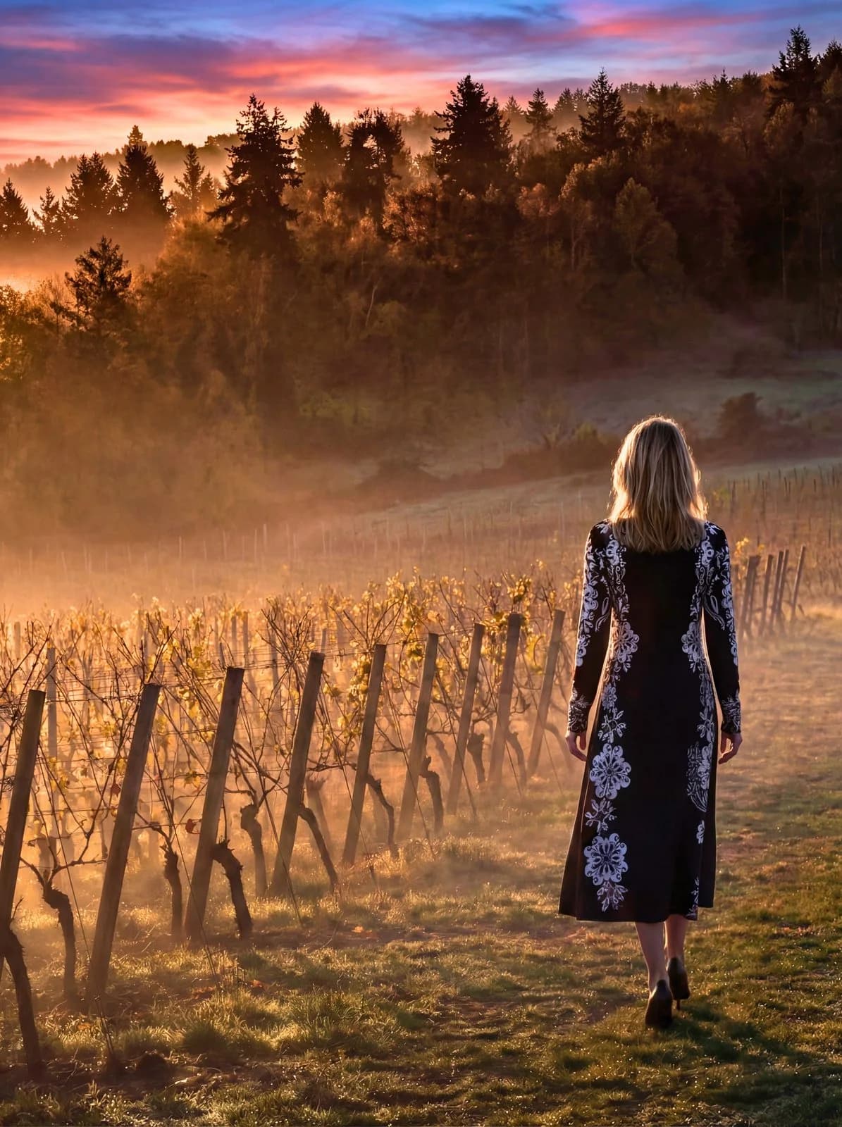 Cartolina: A printed dress overlooking a vineyard at sunset.