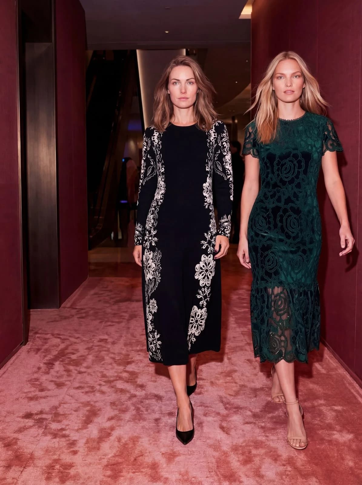 Cartolina: Two evening dresses in a red-carpeted corridor.