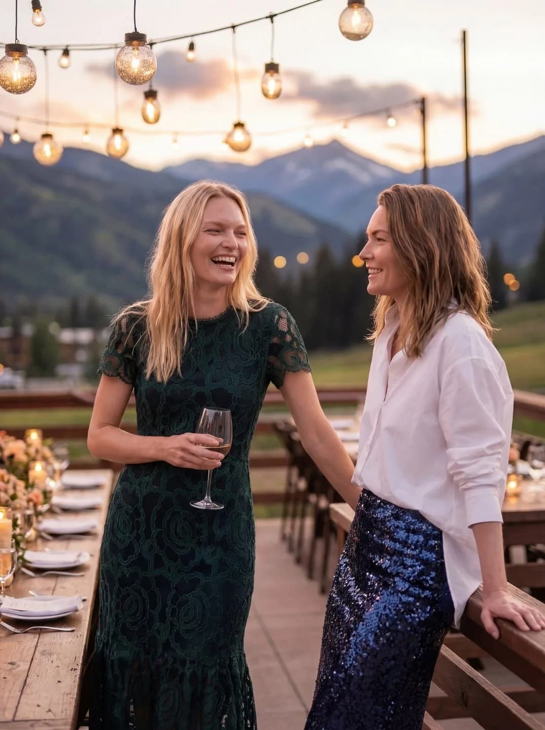 Cartolina: Two women in evening looks at a mountain dinner.
