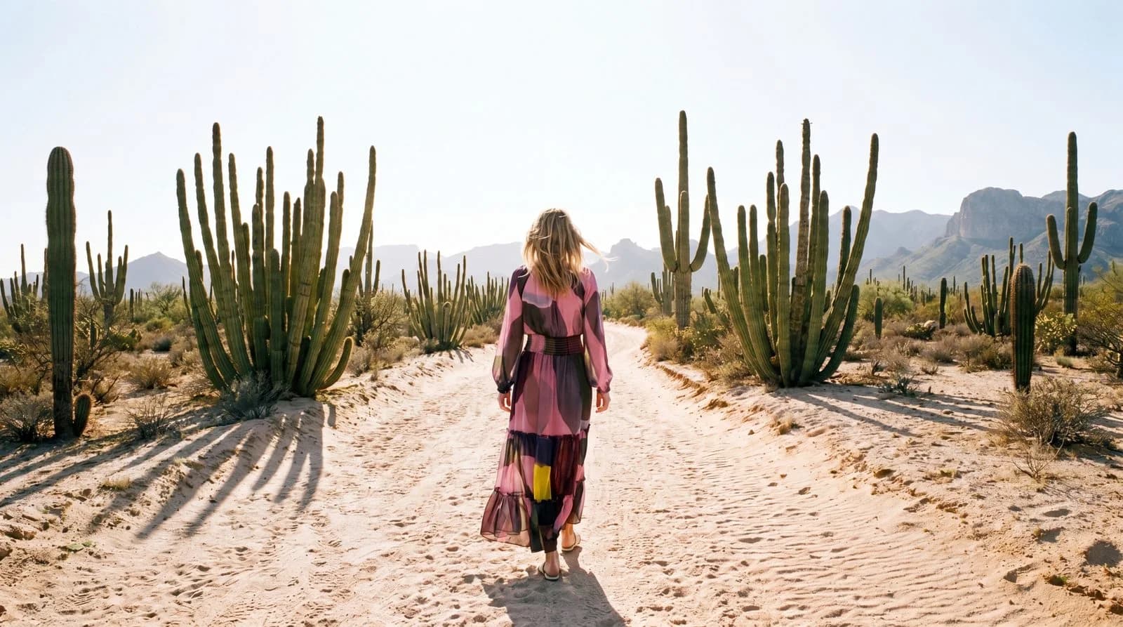 Cartolina: A resort dress on a desert path between tall cacti.