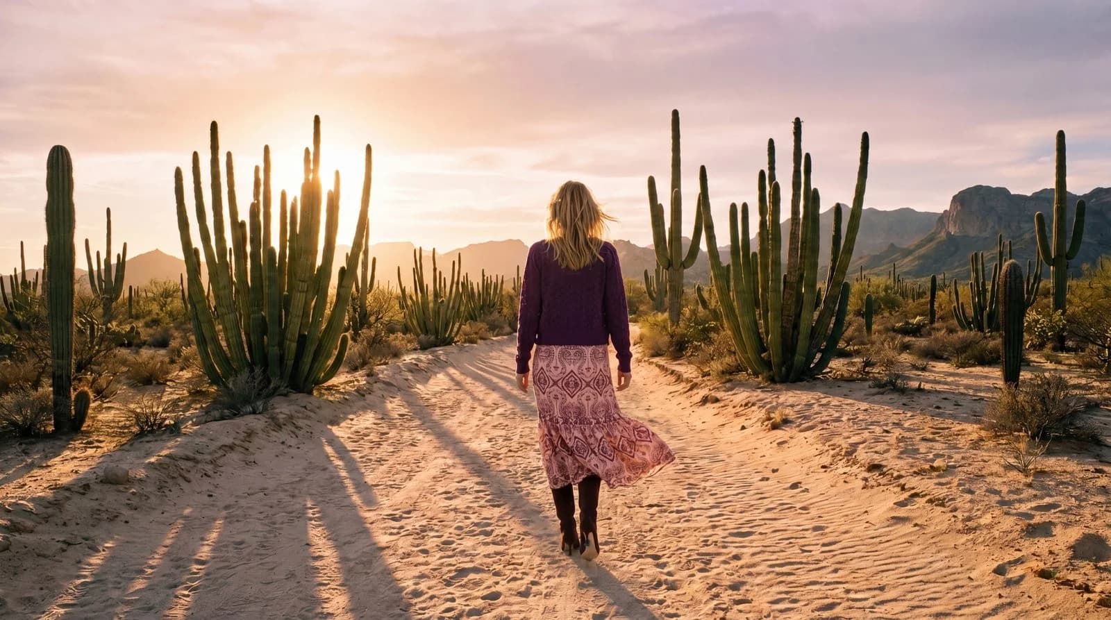 Cartolina: A purple skirt along a cactus-lined avenue.