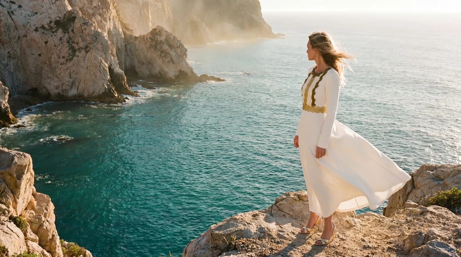 Cartolina: A white dress overlooking turquoise water.