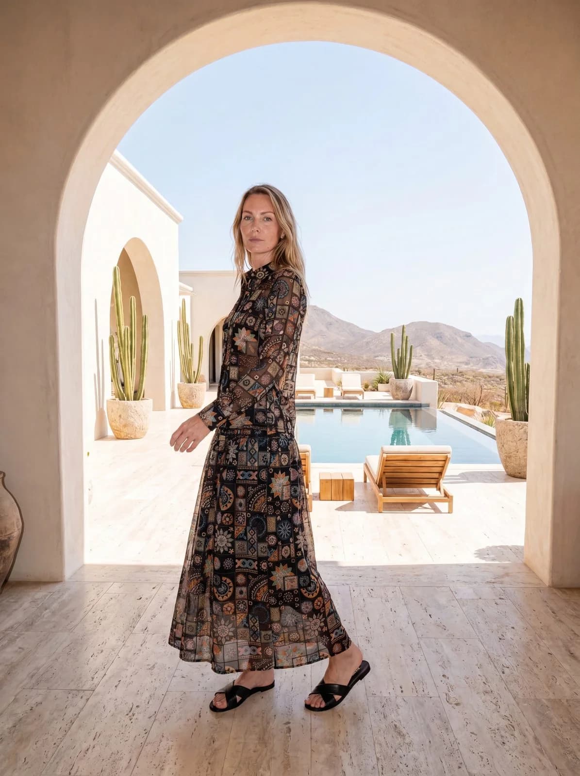Cartolina: A printed dress beneath a sunlit arch.