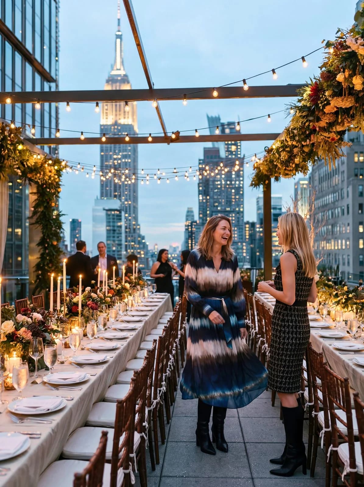 Cartolina: Two evening looks on a terrace overlooking Manhattan.