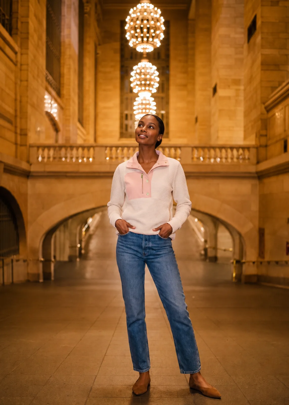 Cherry Lawn Pullover in cream with a model seated in a train terminal.