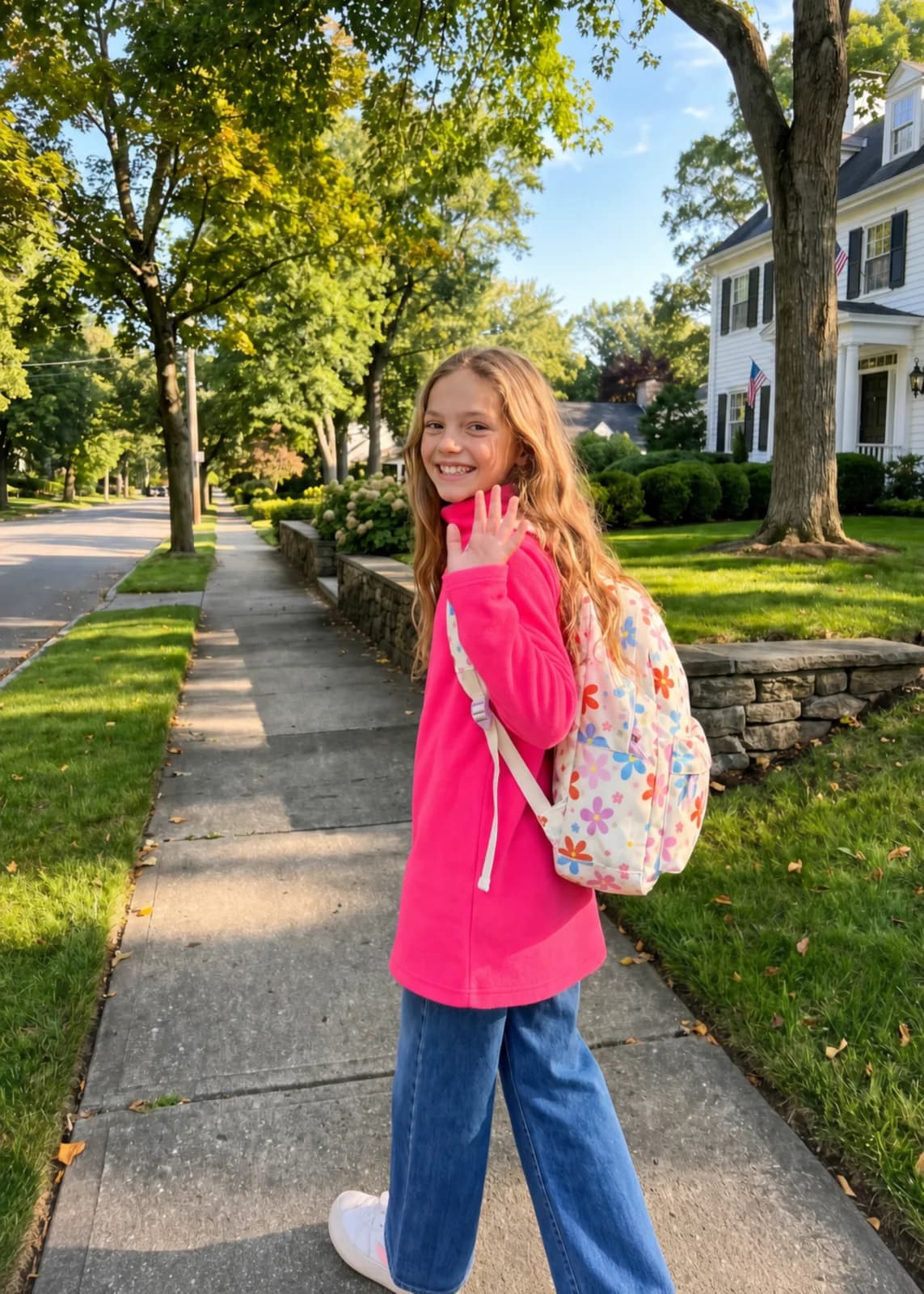 Dudley Stephens: A child in a pink pullover on a tree-lined street.