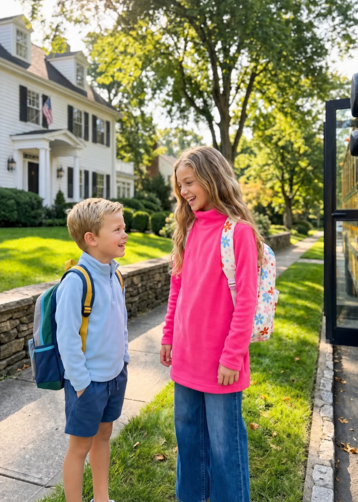 Dudley Stephens: Two children in pullovers walking to school.