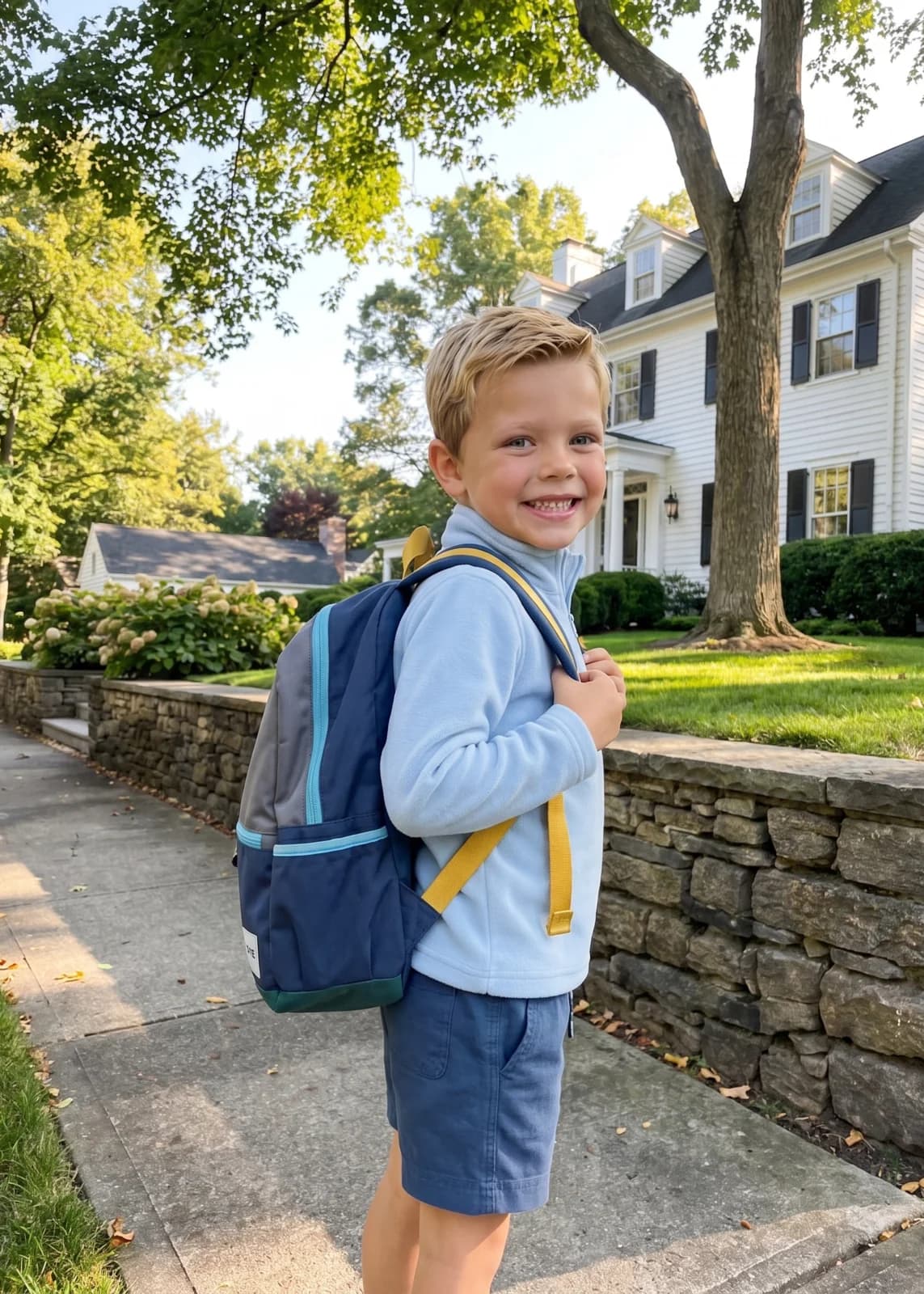 Dudley Stephens: A child in a blue pullover with a backpack.