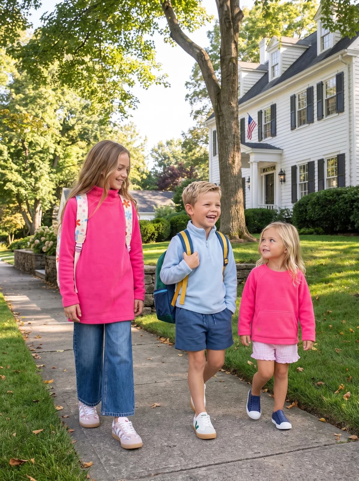 Dudley Stephens: Three children in colorful pullovers on a neighborhood walk.