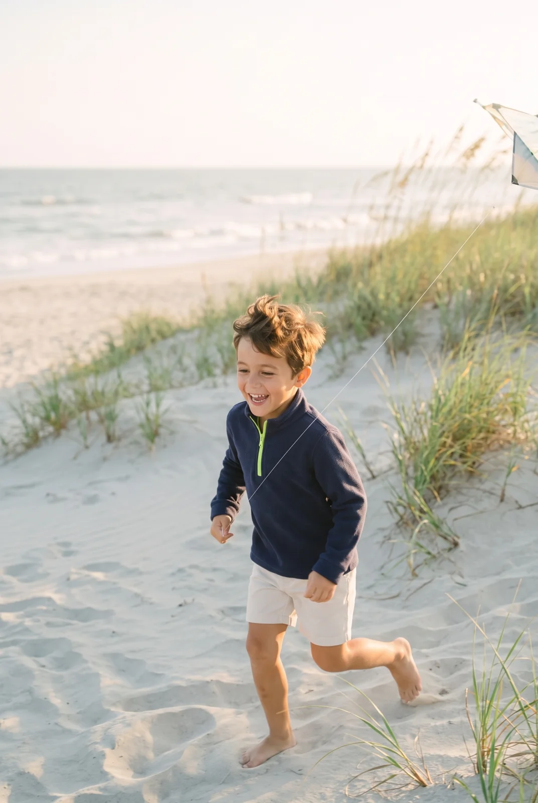 Dudley Stephens: A child in a navy pullover running through beach grass.