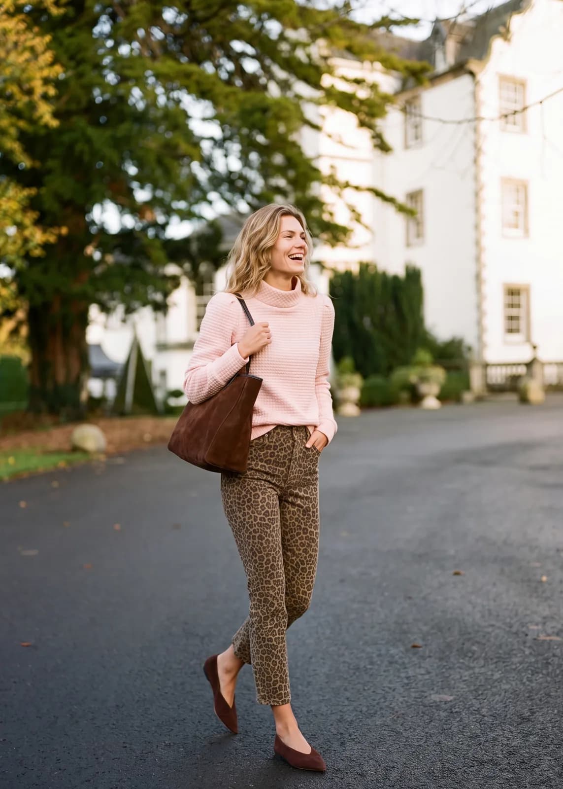 Palace Puff Sleeve Turtleneck with a model walking on a tree-lined drive.