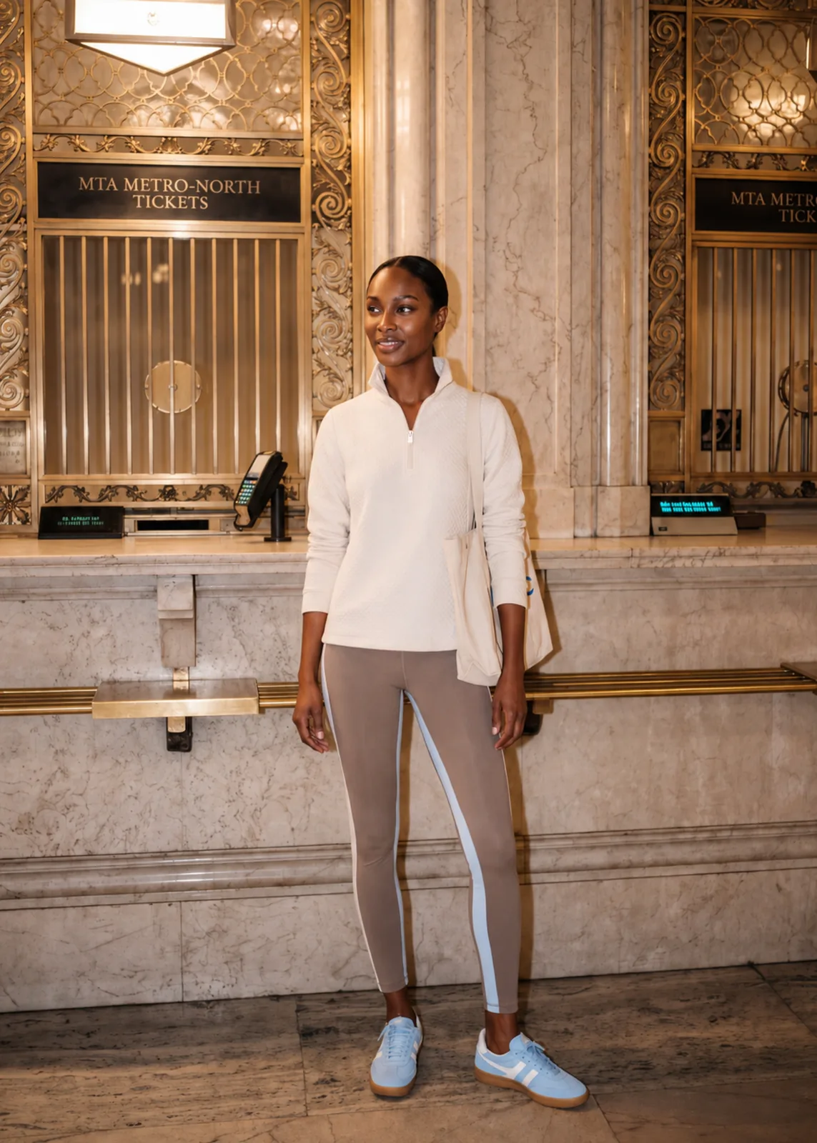 Pocomo Pullover styled with taupe trousers in a historic ticket hall.