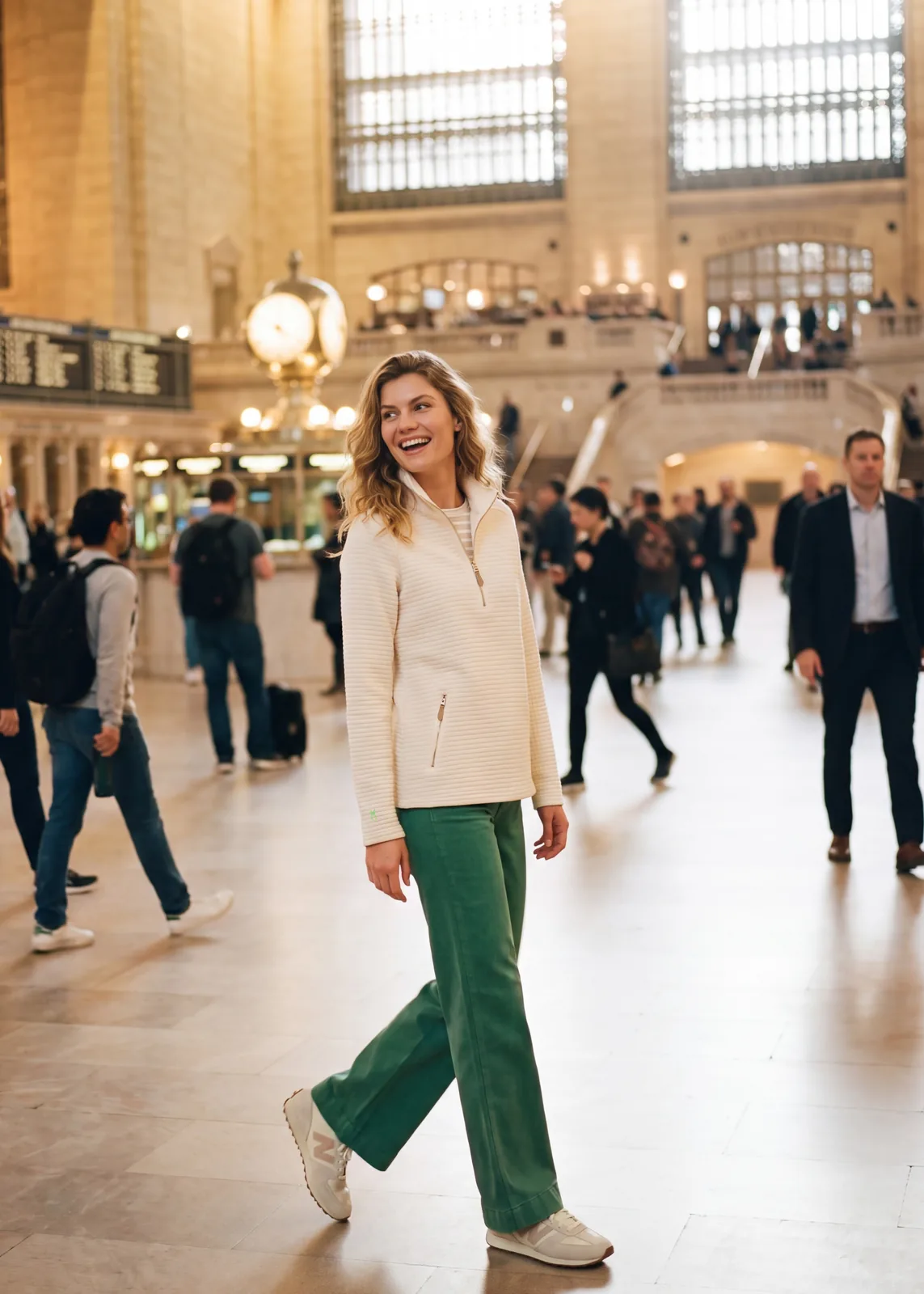 Smith Point Pullover in cream styled with green trousers in a train terminal.