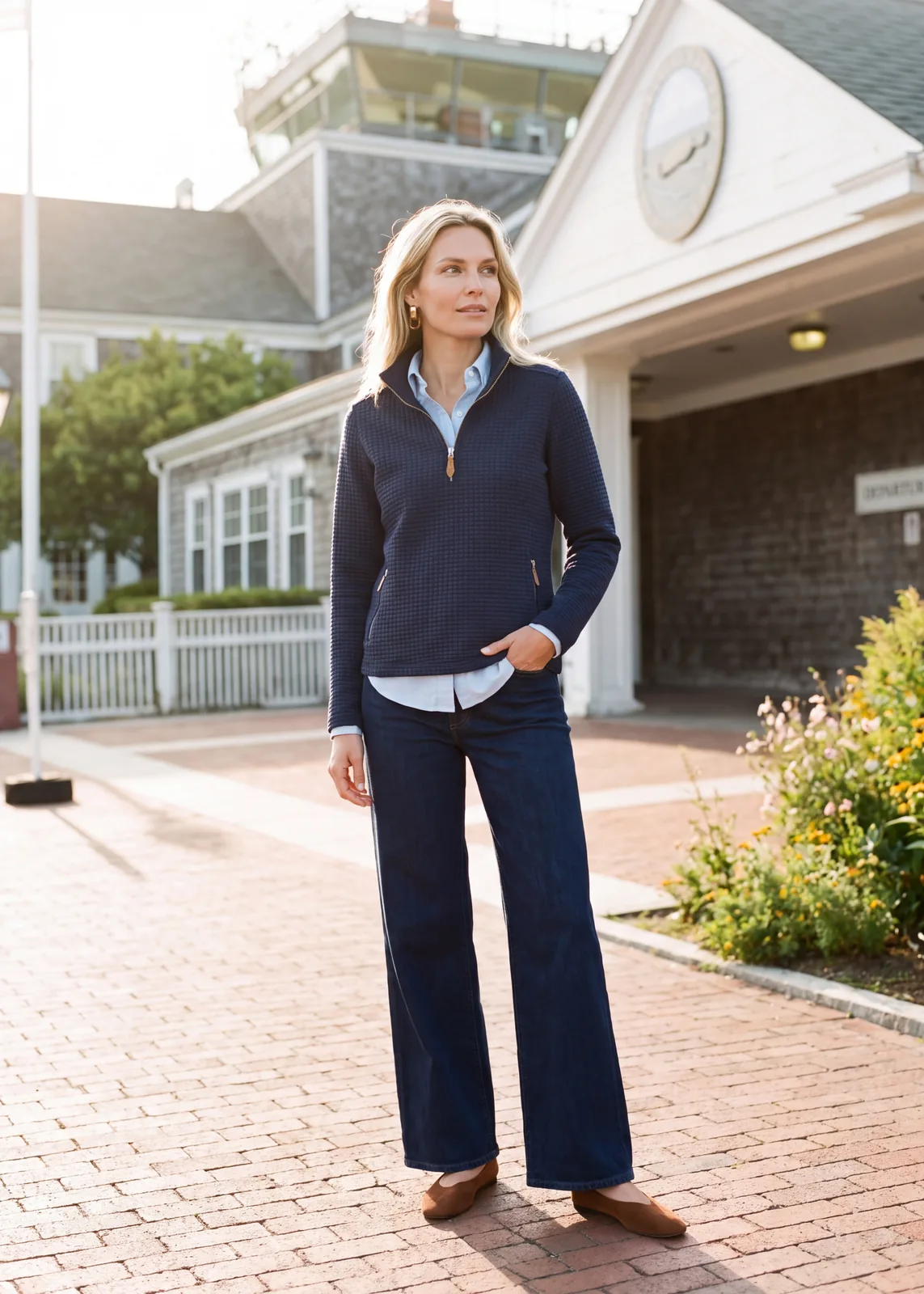 Smith Point Pullover in navy styled outside a harbor building.