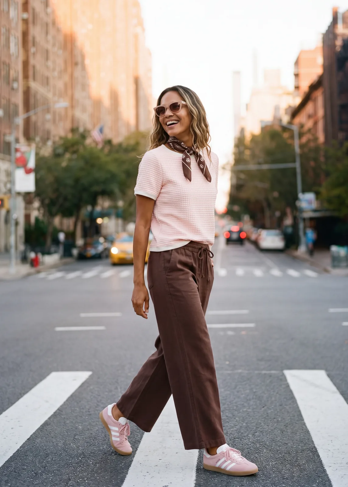 Surfside Ringer Tee campaign image with a model crossing a city street.