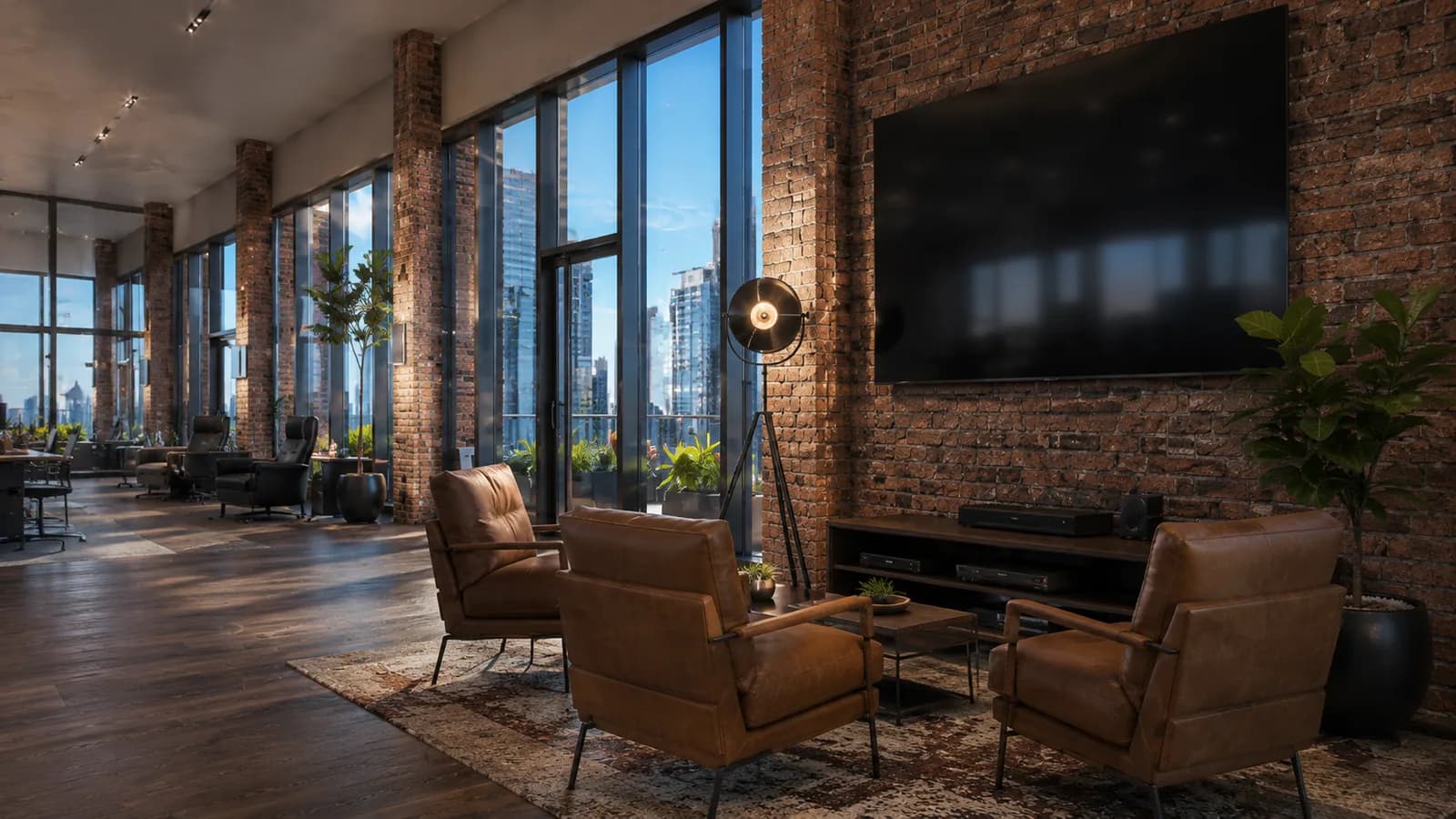 Architectural visualization of a brick-walled lounge and media area.