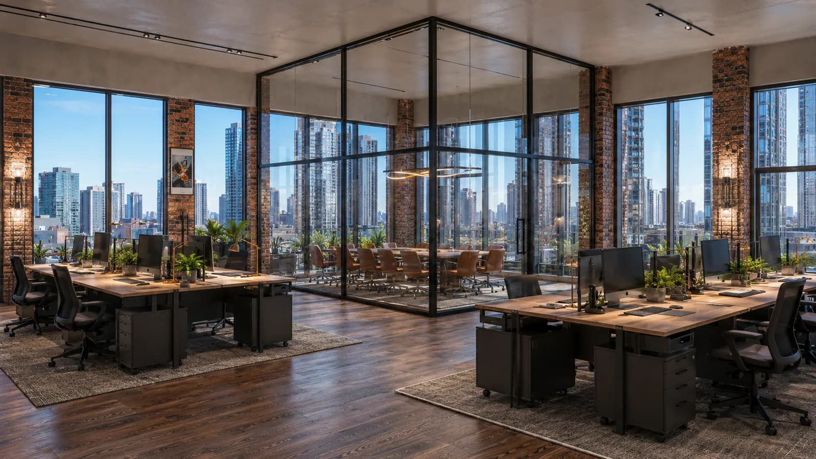 Architectural visualization of a corner office and glass meeting room.