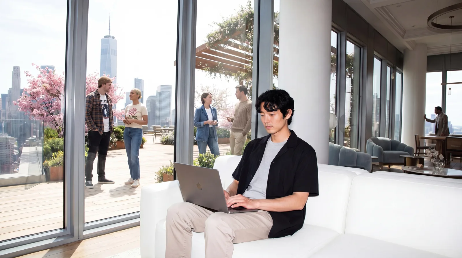 A person works beside the open terrace in a One Grand visualization.