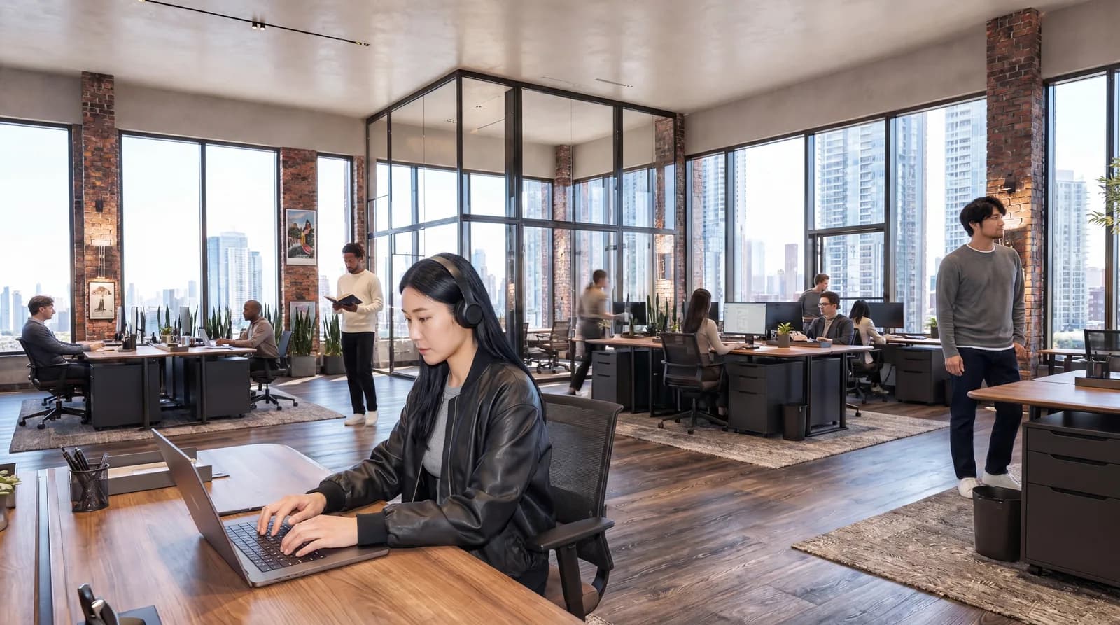 A person works at a desk within an open industrial office.