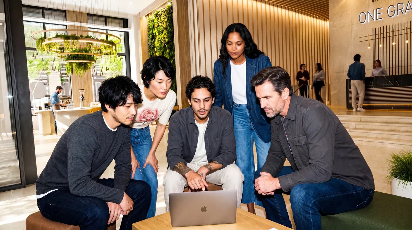 A team gathers around a laptop in the One Grand lobby visualization.