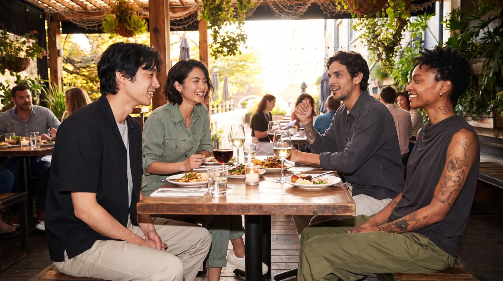 A group shares a meal at an outdoor table.
