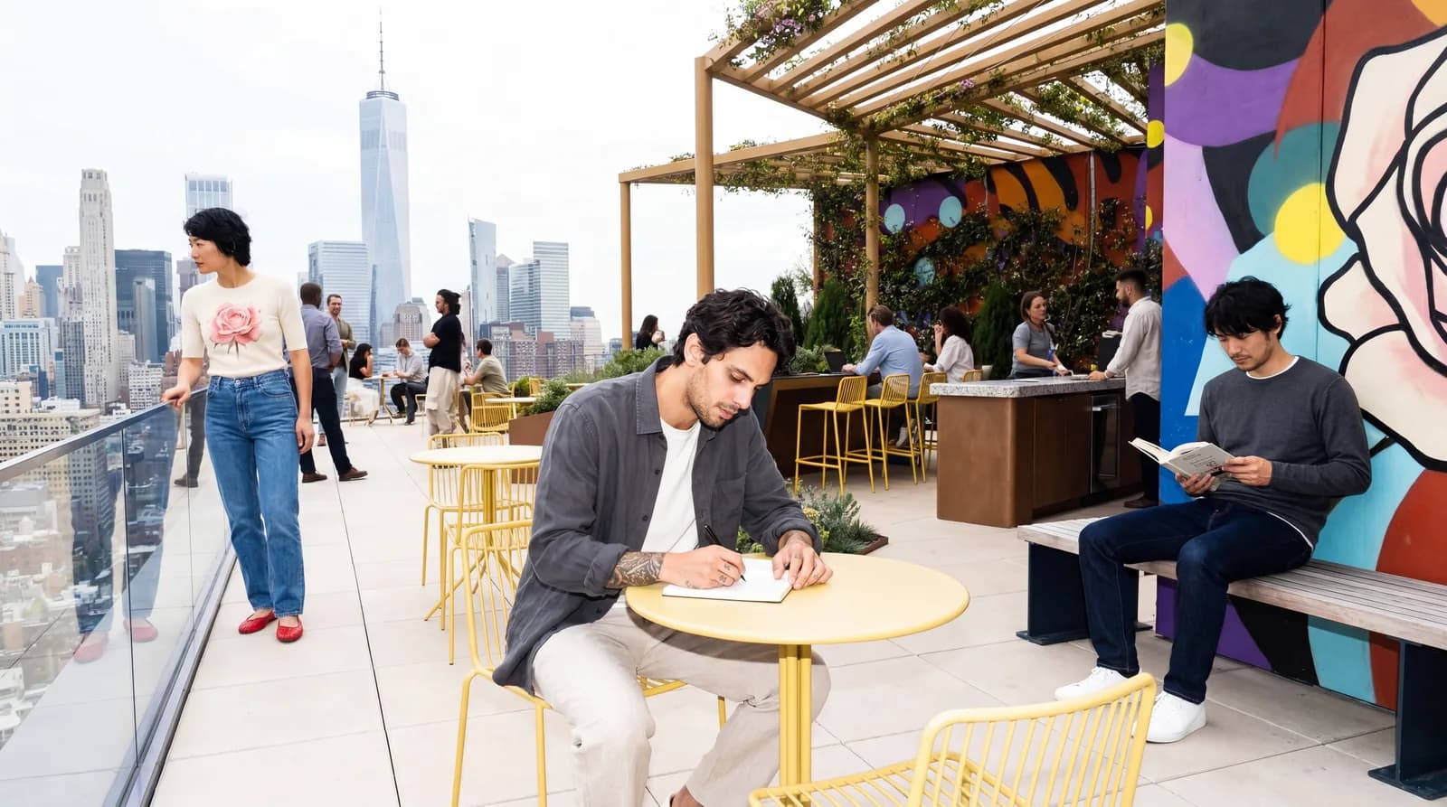 People work at colorful tables beside a rooftop mural.