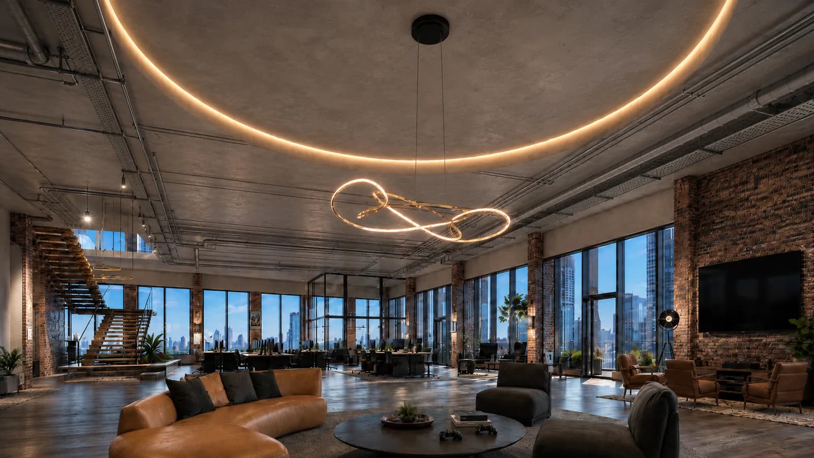 Architectural visualization of the One Grand lounge with sculptural ceiling lighting.