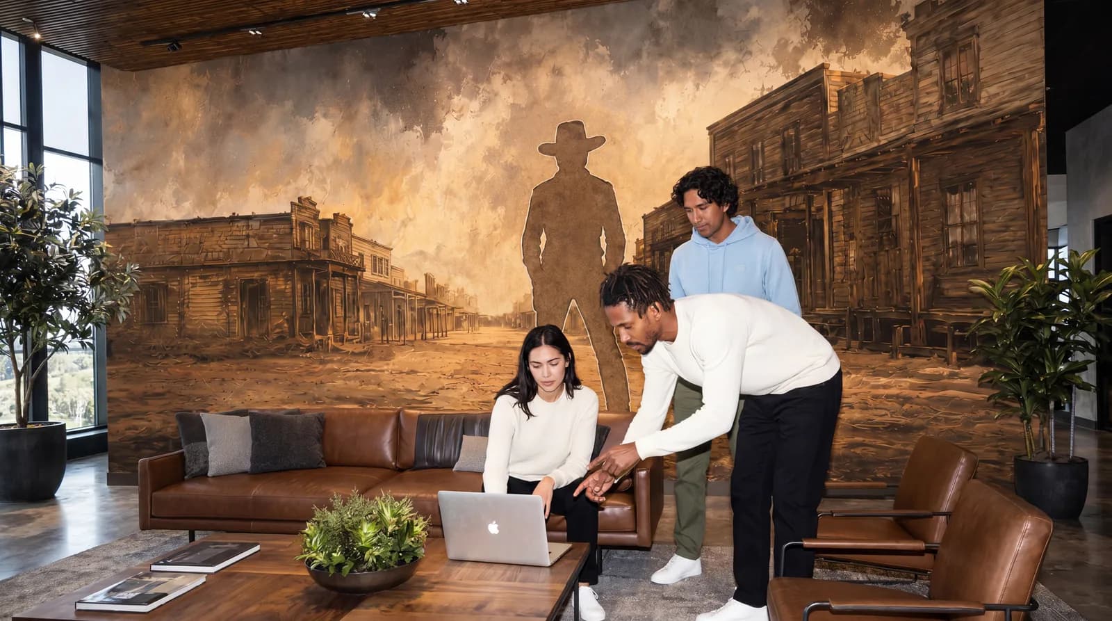 A group works in a lounge beneath a historic streetscape mural.