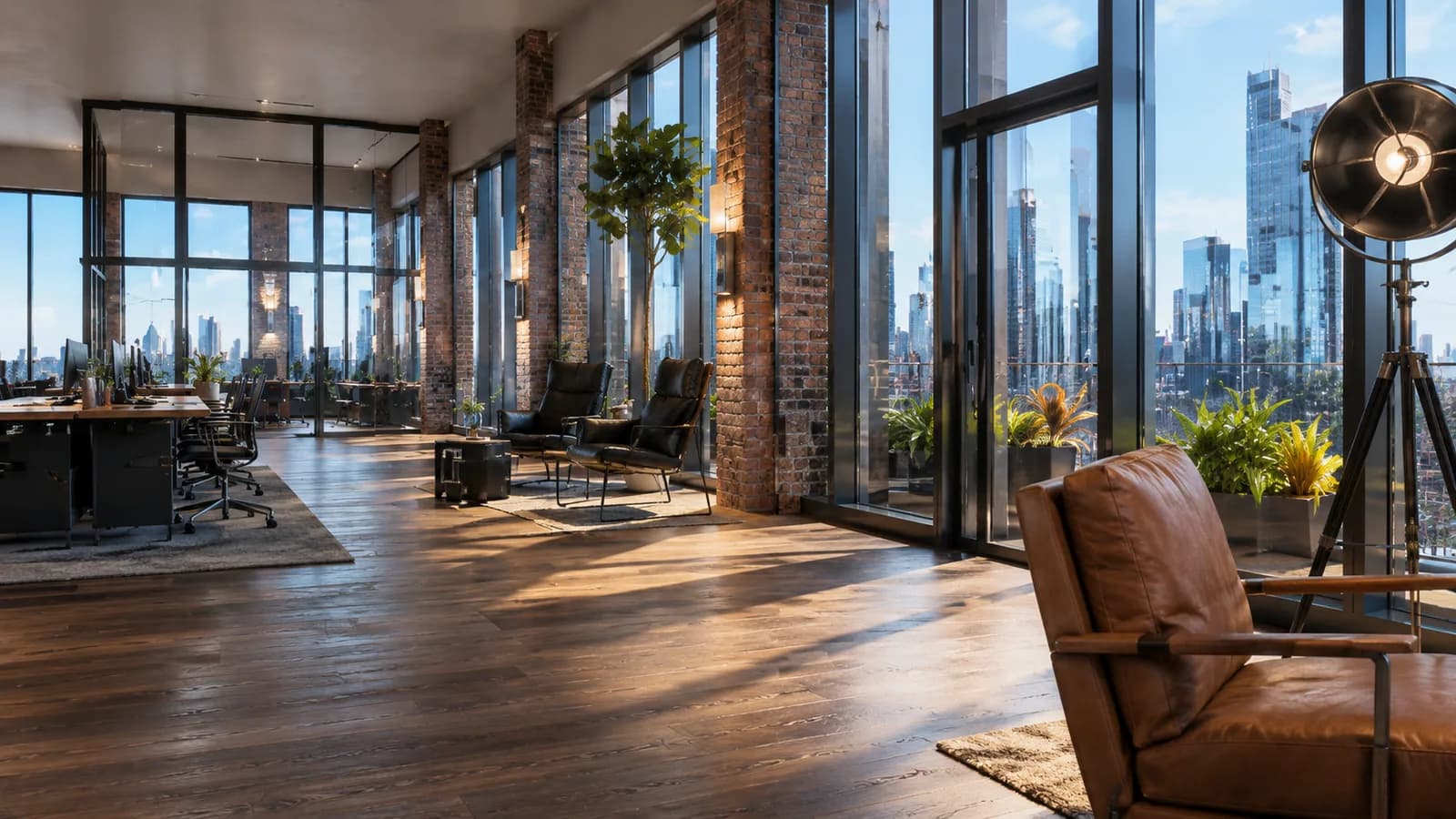 Architectural visualization of an open workspace with skyline views.