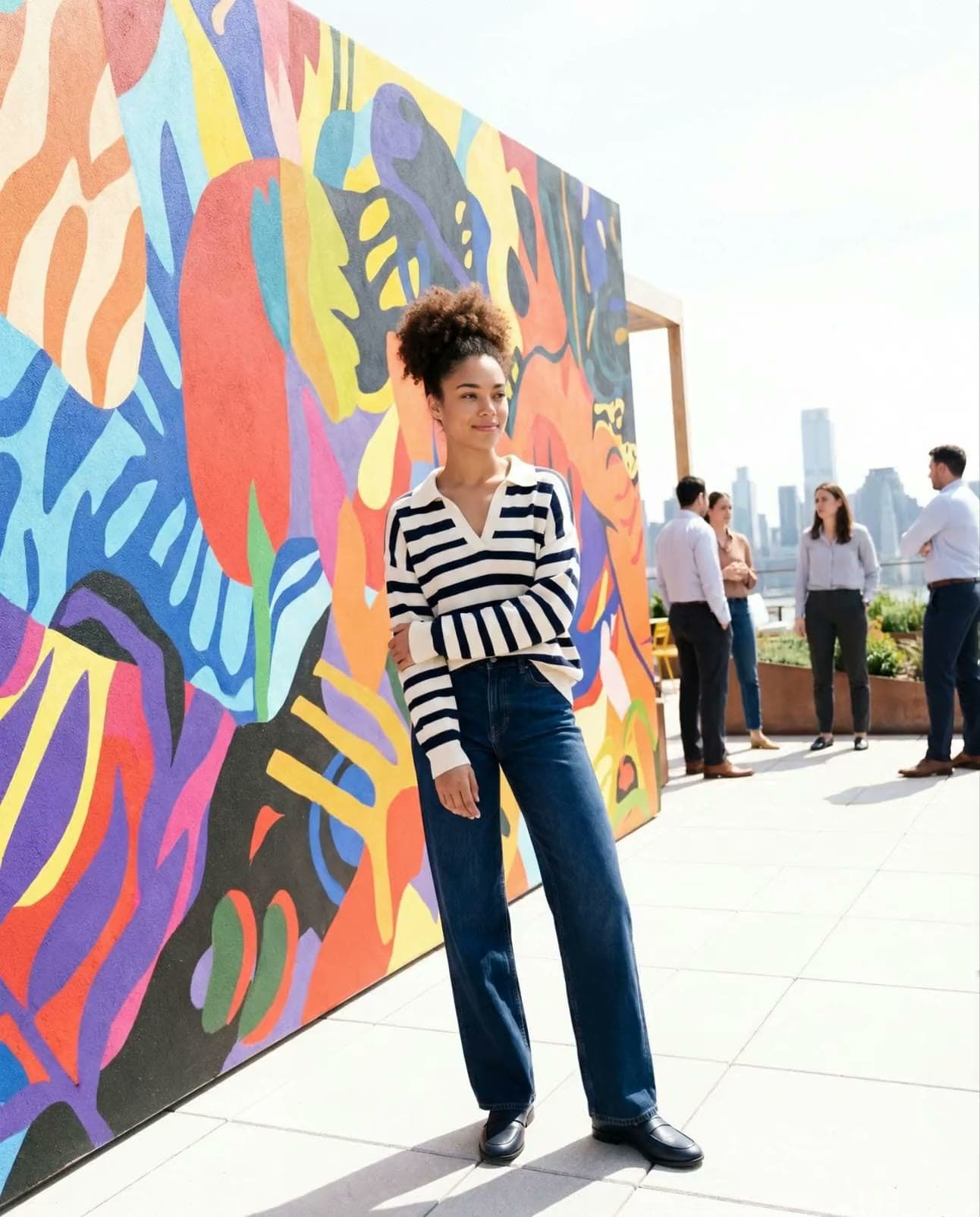 A woman stands against the painted roof deck mural while a group talks behind her against the skyline.