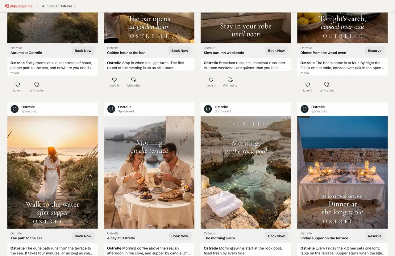 Vael's ad review feed on a laptop: four columns of sample ads for a fictional seaside hotel scroll by slowly, a carousel ad is swiped through its three cards, and two ads get a Love it tap.