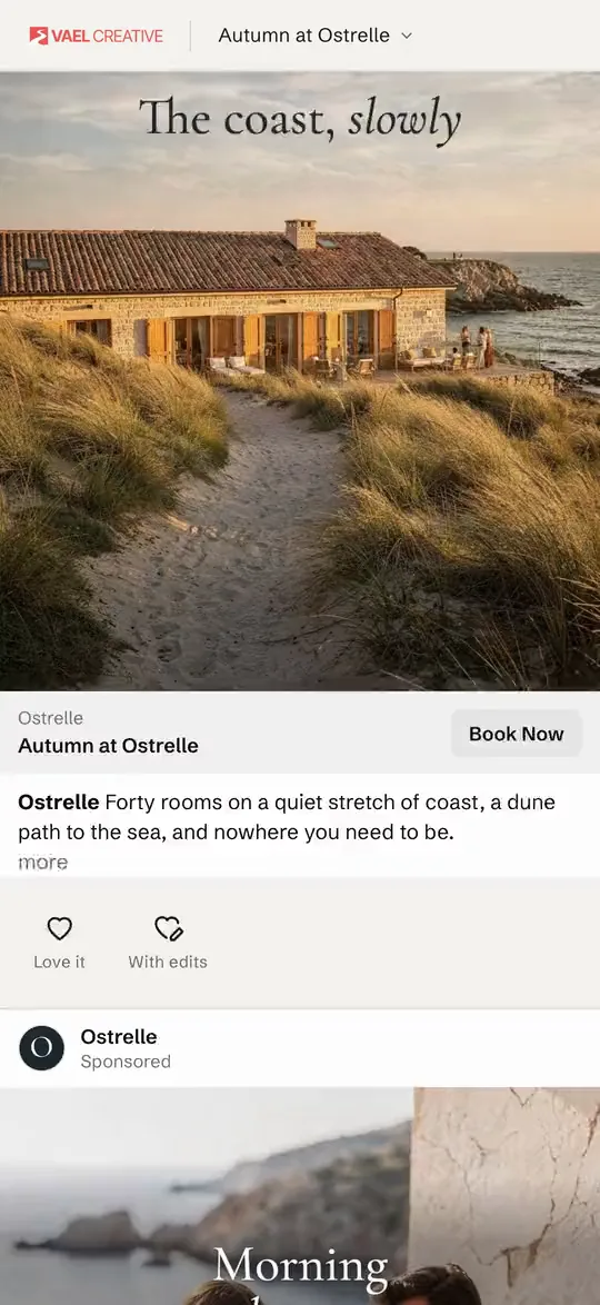 Vael's ad review feed on a phone: sample ads for a fictional seaside hotel scroll by slowly, a carousel ad is swiped through its three cards, and two ads get a Love it tap.