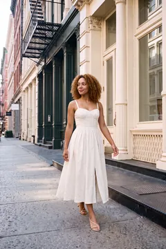 Campaign image: the model walks a SoHo sidewalk past cast-iron facades.