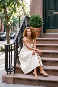 Campaign image: the model sits on a brownstone stoop in the West Village.