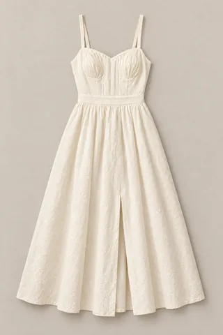 Flat lay of the ivory sundress on a stone-grey ground.