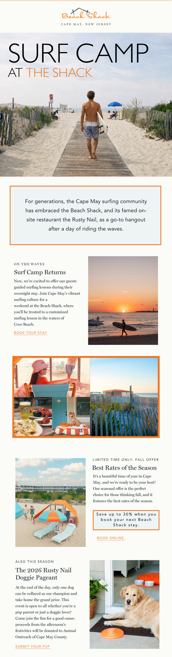 The Beach Shack's email opens on the headline Surf Camp at the Shack above a surfer carrying his board down a boardwalk to the beach, followed by a note on the Rusty Nail and a sunset surf-lesson module.