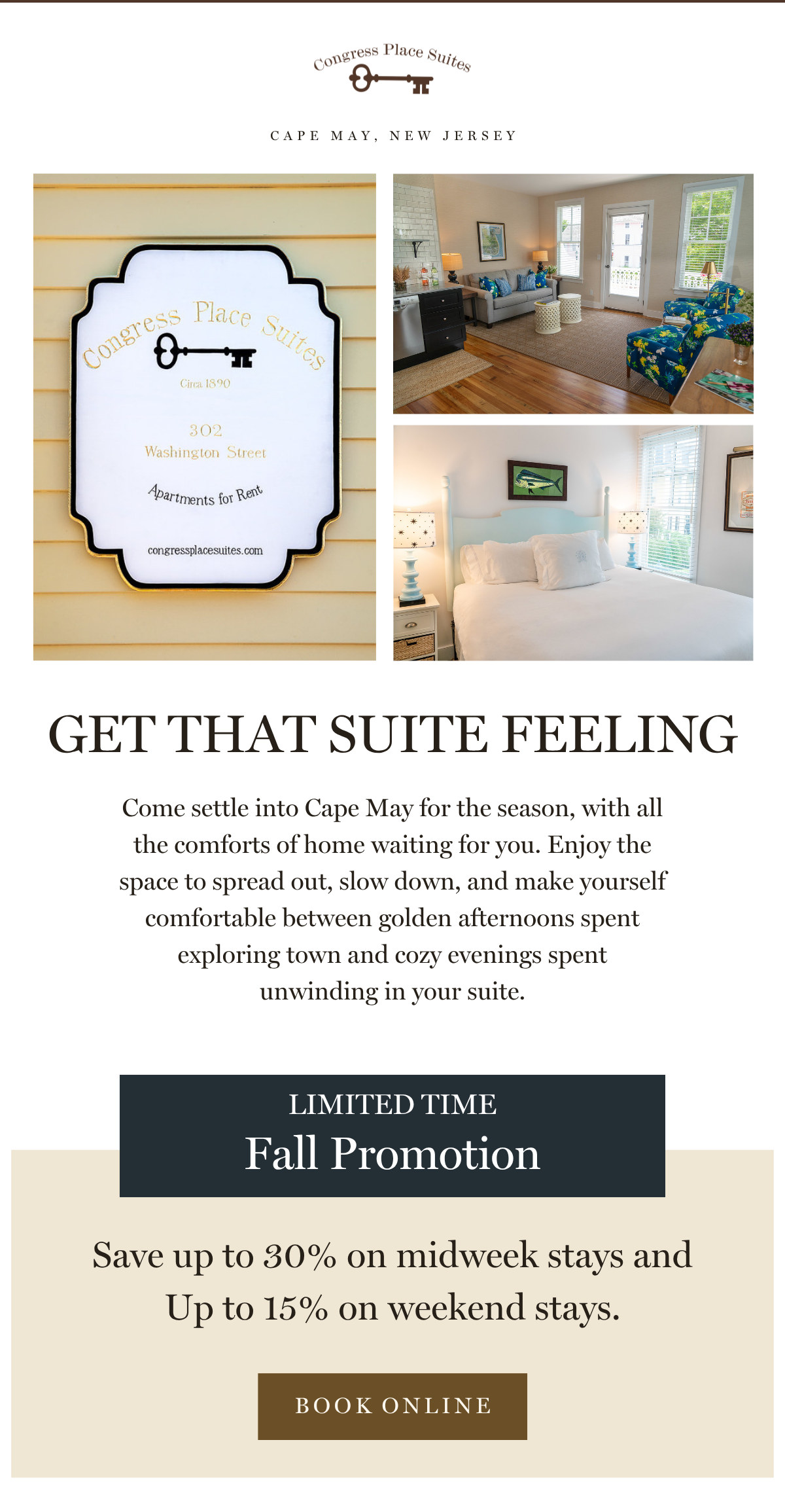 Congress Place Suites' email opens on photos of the suites' key sign, living room and bedroom above the headline Get That Suite Feeling, followed by a fall promotion with a Book Online button.