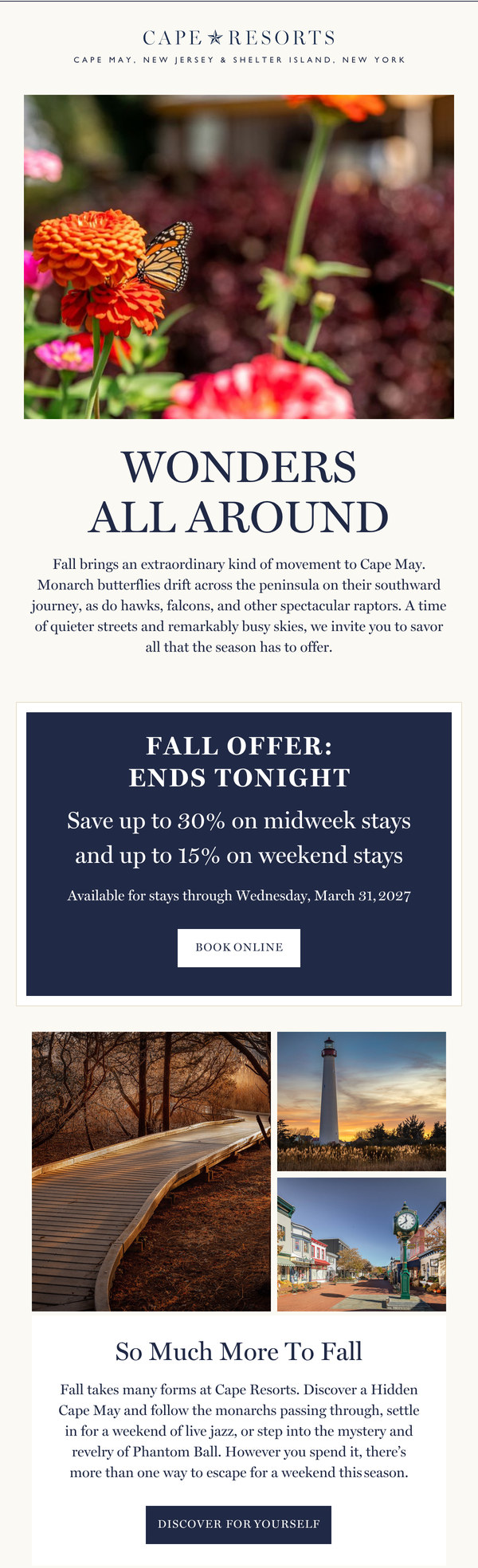 The Cape Resorts email opens on a monarch butterfly resting on orange zinnias above the headline Wonders All Around, followed by a fall offer card with a Book Online button.