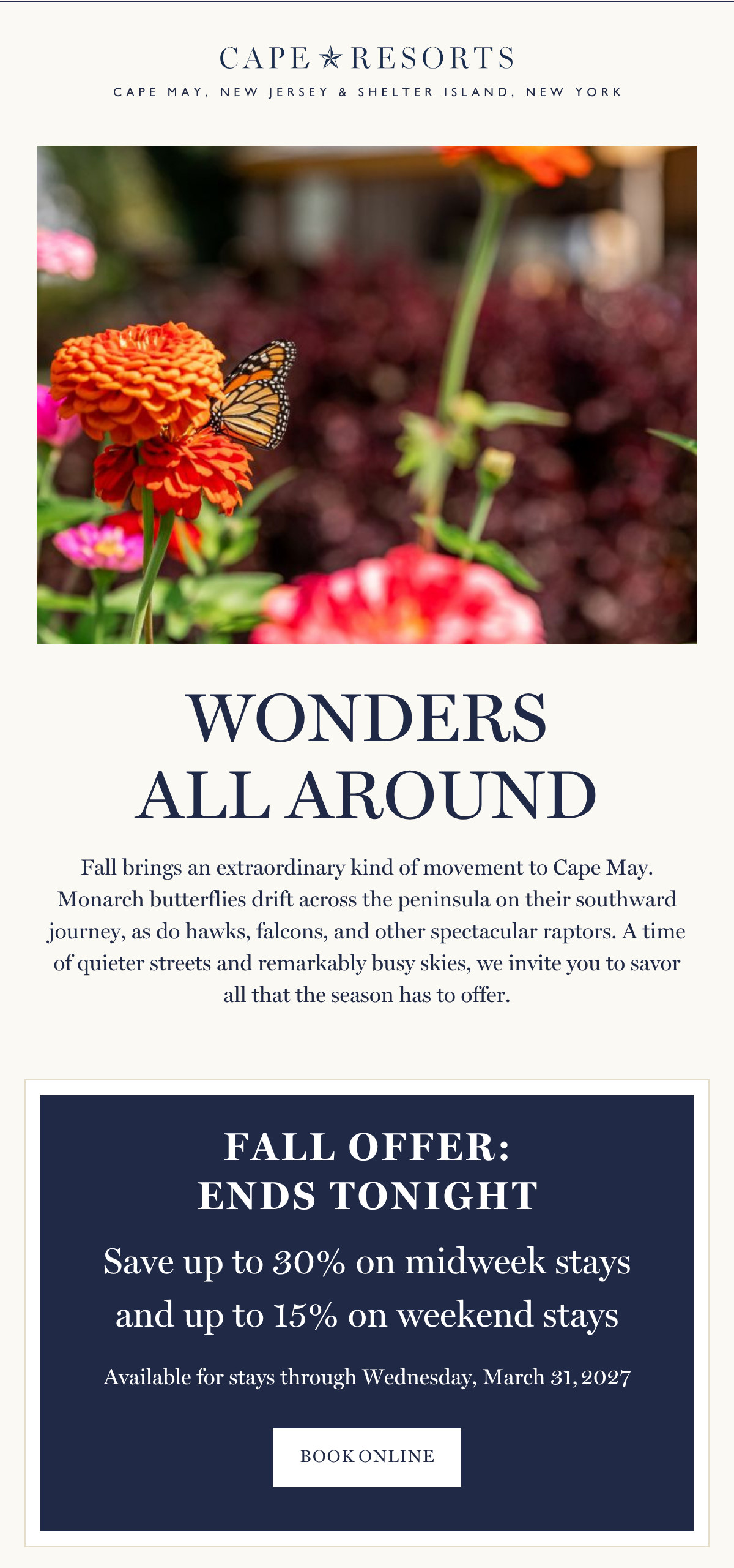 The Cape Resorts email opens on a monarch butterfly resting on orange zinnias above the headline Wonders All Around, followed by a fall offer card with a Book Online button.